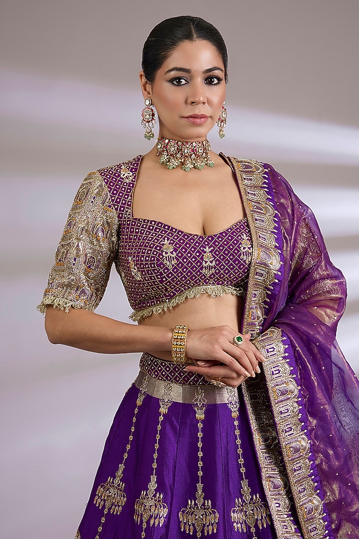 Purple Banarasi & Raw Silk Embroidered Bridal Lehenga Set by Jayesh & Kaajal Shah at Pernia's Pop Up Shop