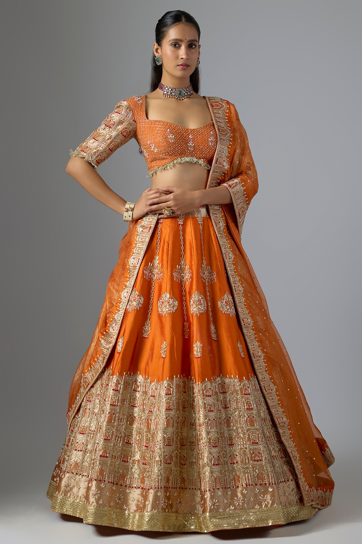 Jayesh & Kaajal Shah Rust Raw Silk & Shimmer Organza Lehenga Set