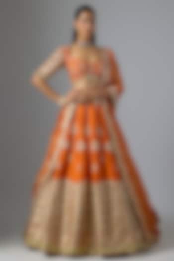 Rust Raw Silk & Shimmer Organza Bridal Lehenga Set by Jayesh & Kajal Shah at Pernia's Pop Up Shop