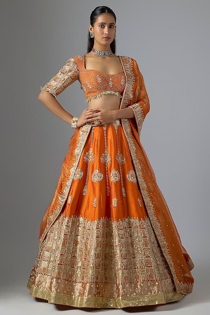 Rust Raw Silk & Shimmer Organza Bridal Lehenga Set by Jayesh & Kajal Shah at Pernia's Pop Up Shop