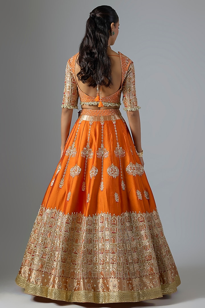 Rust Raw Silk & Shimmer Organza Bridal Lehenga Set by Jayesh & Kaajal Shah at Pernia's Pop Up Shop