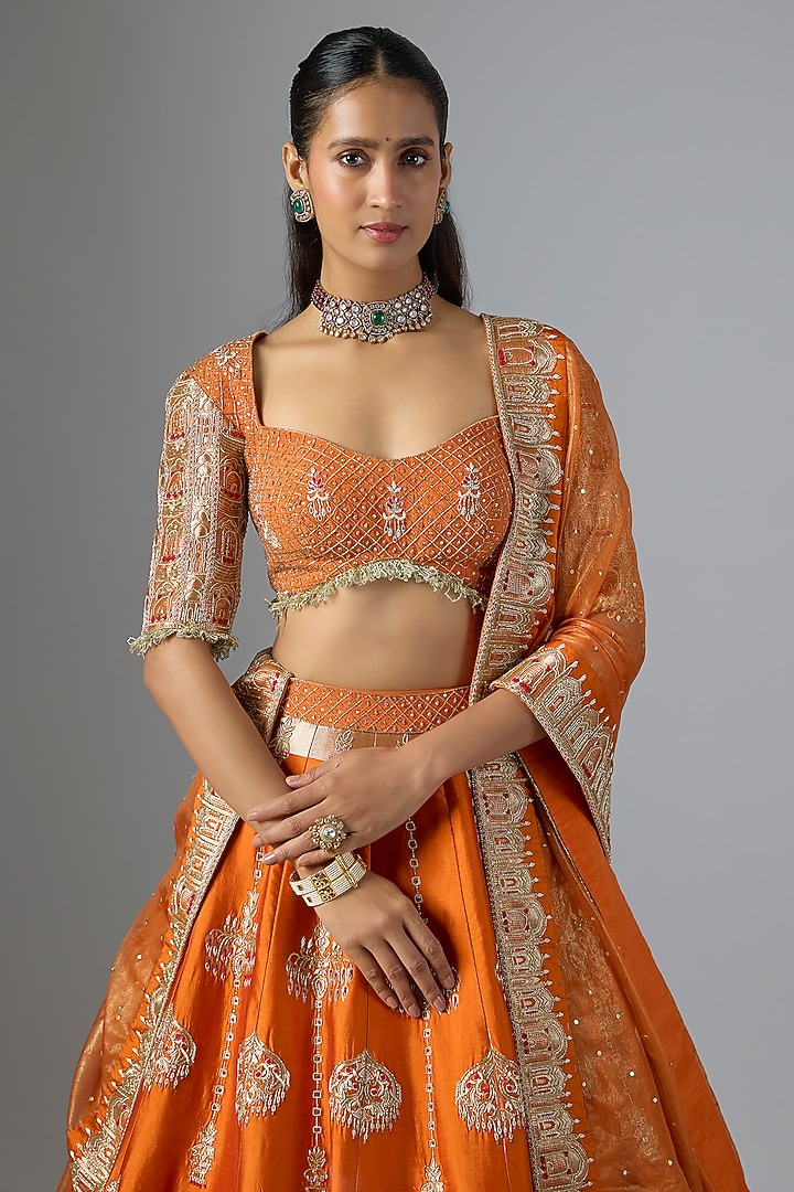 Rust Raw Silk & Shimmer Organza Bridal Lehenga Set by Jayesh & Kaajal Shah at Pernia's Pop Up Shop