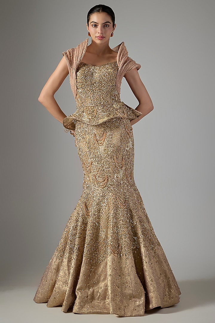 Blush Pink & Golden Copper Shimmer Georgette Bridal Lehenga Set by Jayesh & Kajal Shah at Pernia's Pop Up Shop