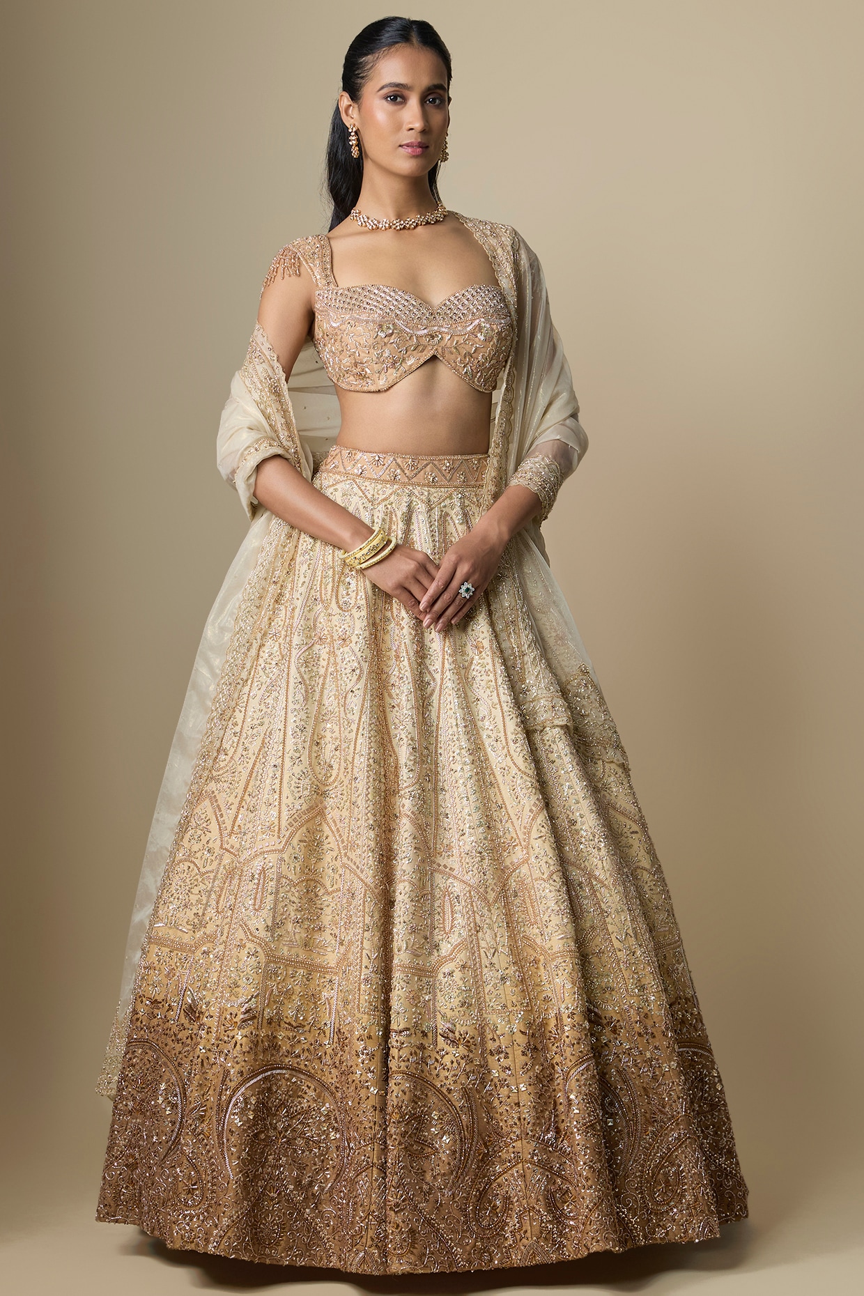 Jayesh & Kaajal Shah Beige Shimmer Raw Silk Crystal Embroidered Lehenga Set
