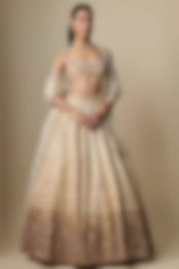 Beige Shimmer Raw Silk Crystal Embroidered Bridal Lehenga Set by Jayesh & Kajal Shah at Pernia's Pop Up Shop
