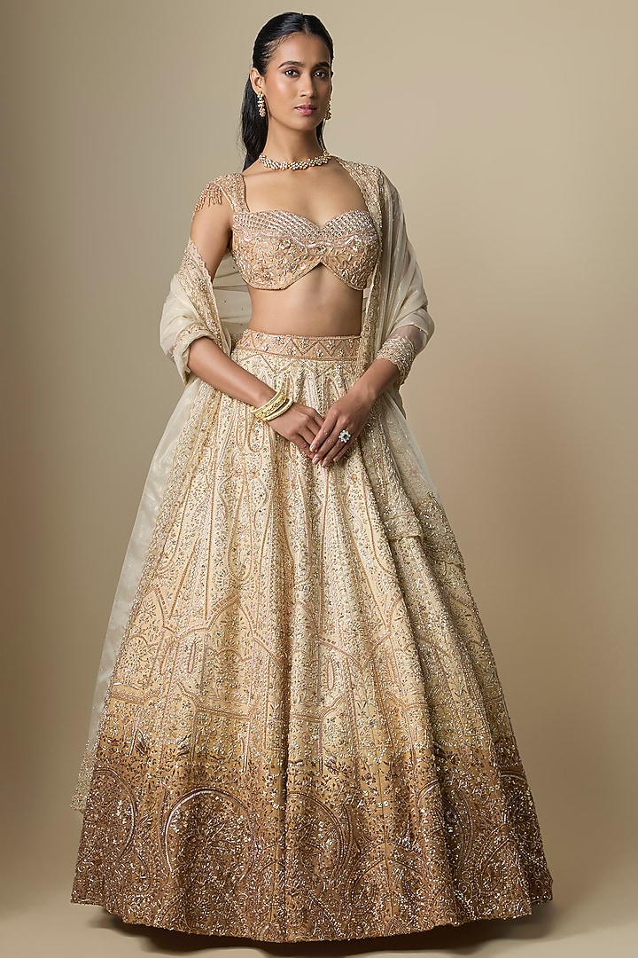 Beige Shimmer Raw Silk Crystal Embroidered Bridal Lehenga Set by Jayesh & Kajal Shah at Pernia's Pop Up Shop