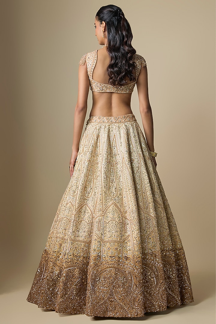 Beige Shimmer Raw Silk Crystal Embroidered Bridal Lehenga Set by Jayesh & Kaajal Shah at Pernia's Pop Up Shop