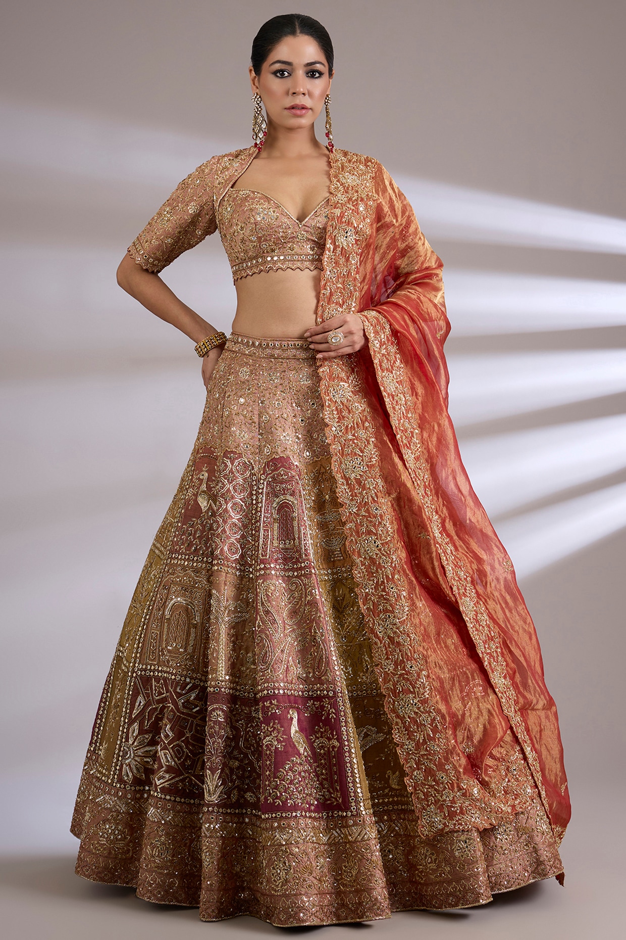 Jayesh & Kaajal Shah Multi-Colored Tissue Embroidered Lehenga Set