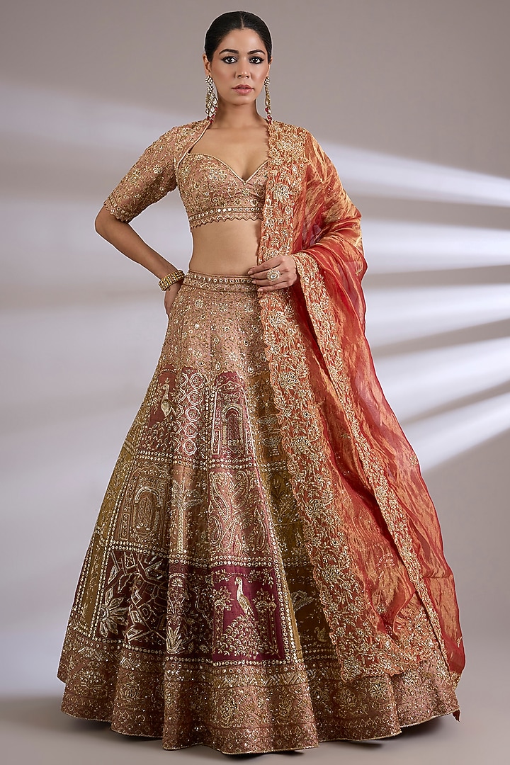 Multi-Colored Tissue Embroidered Bridal Lehenga Set by Jayesh & Kajal Shah at Pernia's Pop Up Shop