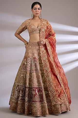 Multi-Colored Tissue Embroidered Lehenga Set by Jayesh & Kaajal Shah