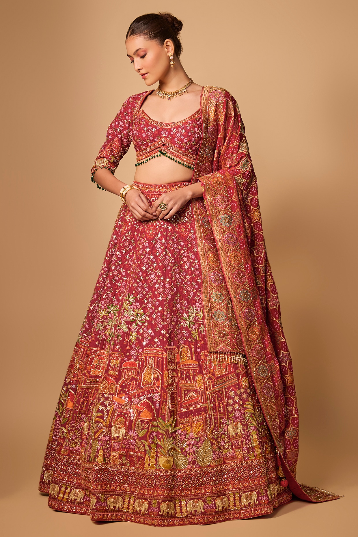 Jayesh & Kaajal Shah Red Raw Silk Lehenga Set