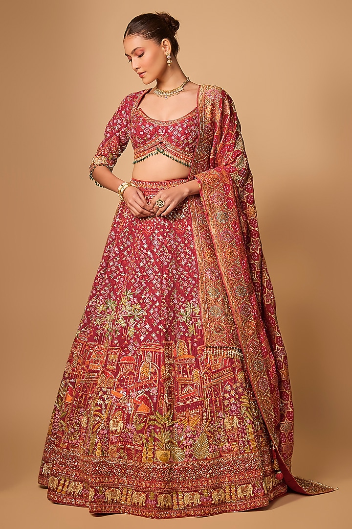 Red Raw Silk Bridal Lehenga Set by Jayesh & Kajal Shah at Pernia's Pop Up Shop