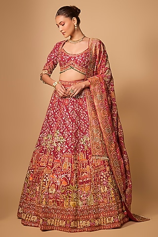 Red Raw Silk Lehenga Set by Jayesh & Kaajal Shah
