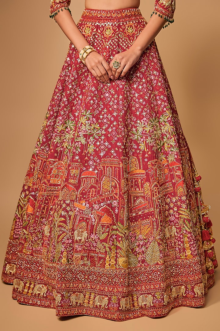 Red Raw Silk Bridal Lehenga Set by Jayesh & Kaajal Shah at Pernia's Pop Up Shop
