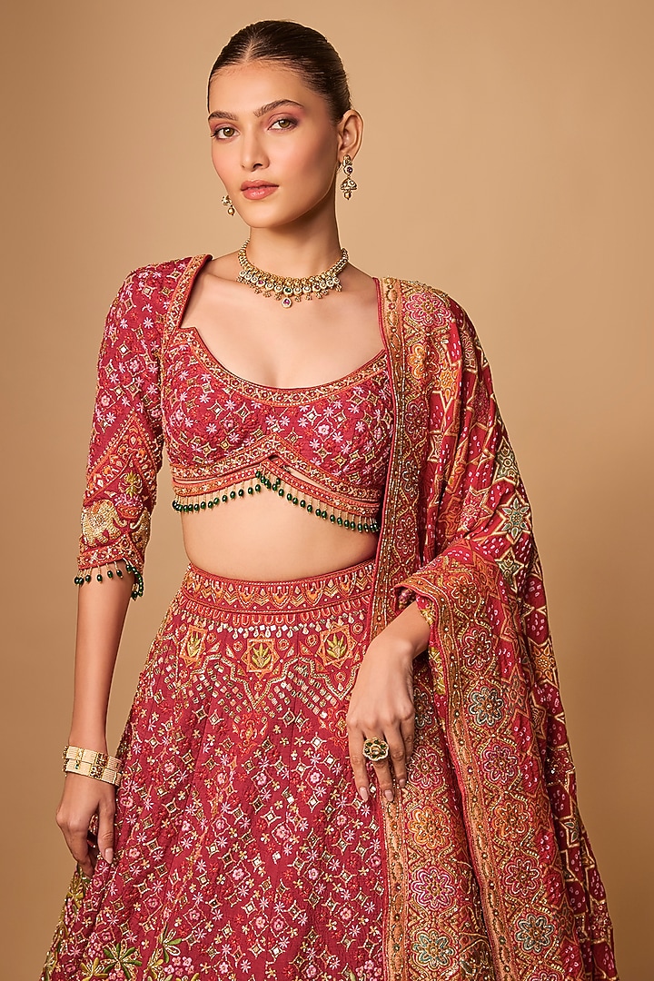 Red Raw Silk Bridal Lehenga Set by Jayesh & Kaajal Shah at Pernia's Pop Up Shop
