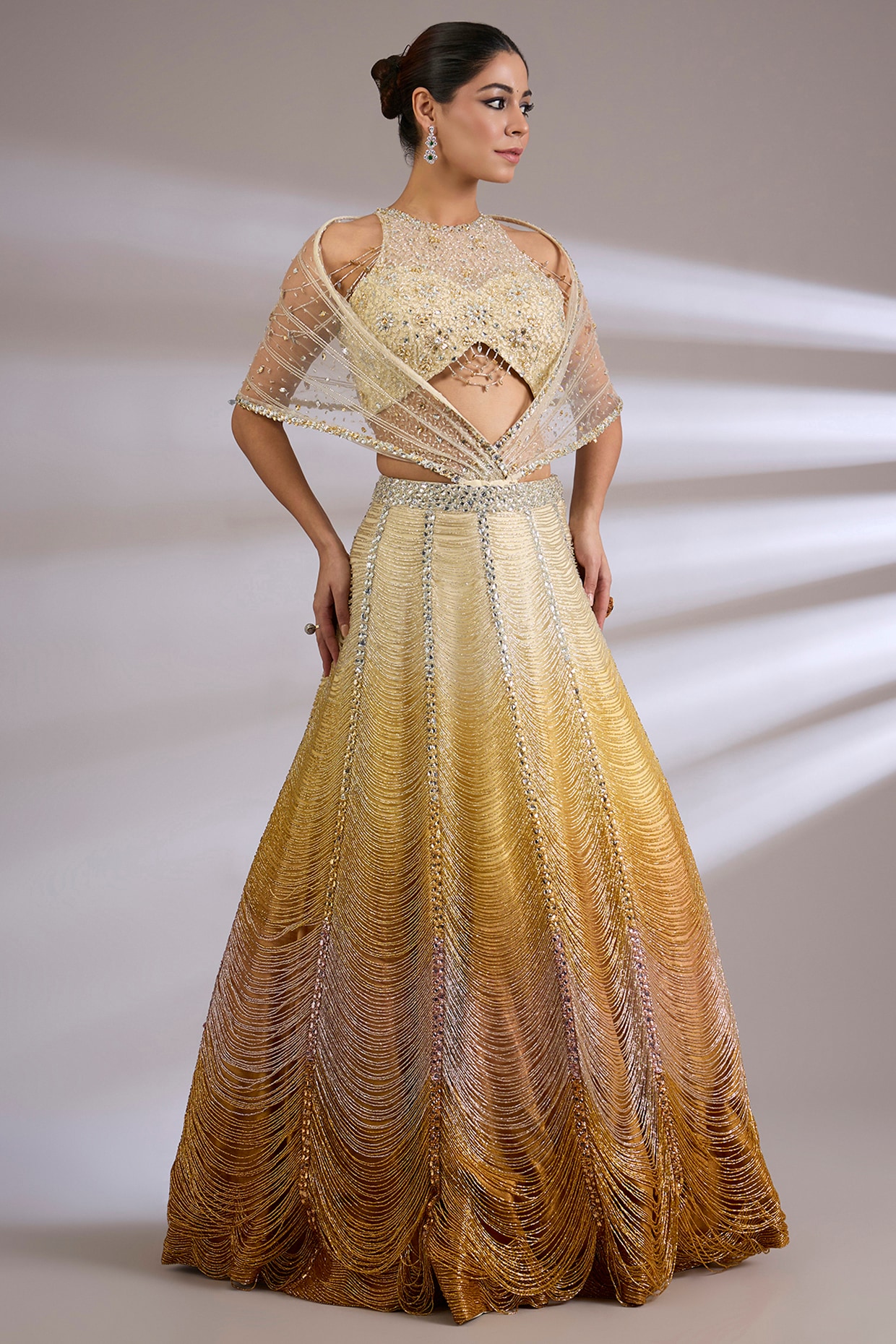 Jayesh & Kaajal Shah Gold Raw Silk & Soft Net Embroidered Jacket Lehenga Set
