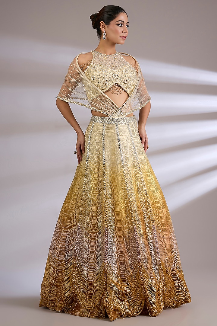 Gold Raw Silk & Soft Net Embroidered Jacket Bridal Lehenga Set by Jayesh & Kajal Shah at Pernia's Pop Up Shop