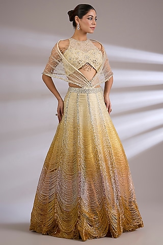 Gold Raw Silk & Soft Net Embroidered Jacket Lehenga Set by Jayesh & Kaajal Shah