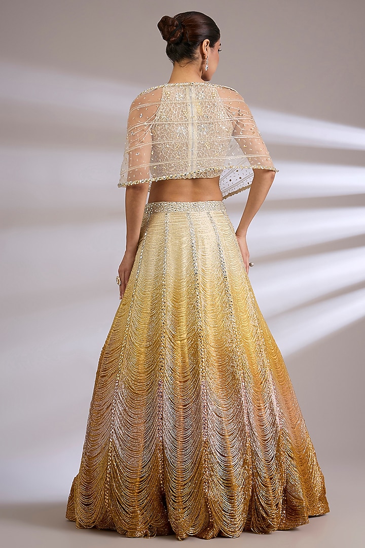 Gold Raw Silk & Soft Net Embroidered Jacket Bridal Lehenga Set by Jayesh & Kaajal Shah at Pernia's Pop Up Shop