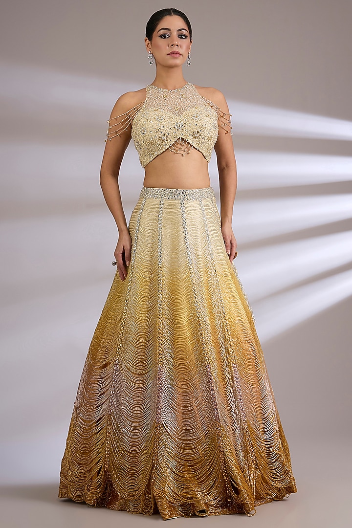 Gold Raw Silk & Soft Net Embroidered Jacket Bridal Lehenga Set by Jayesh & Kaajal Shah at Pernia's Pop Up Shop