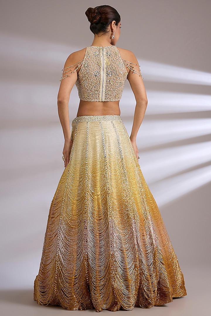 Gold Raw Silk & Soft Net Embroidered Jacket Bridal Lehenga Set by Jayesh & Kaajal Shah at Pernia's Pop Up Shop