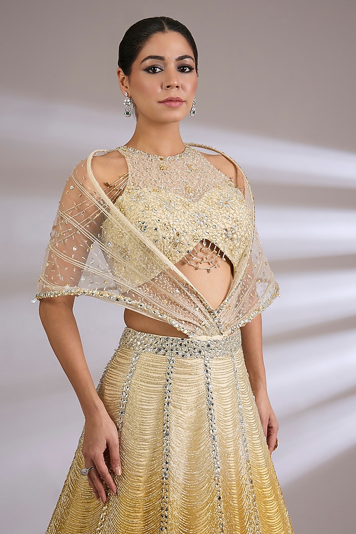 Gold Raw Silk & Soft Net Embroidered Jacket Bridal Lehenga Set by Jayesh & Kaajal Shah at Pernia's Pop Up Shop