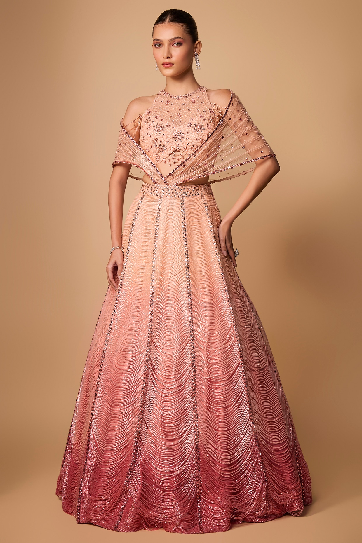 Jayesh & Kaajal Shah Rose Gold Raw Silk & Soft Net Lehenga Set