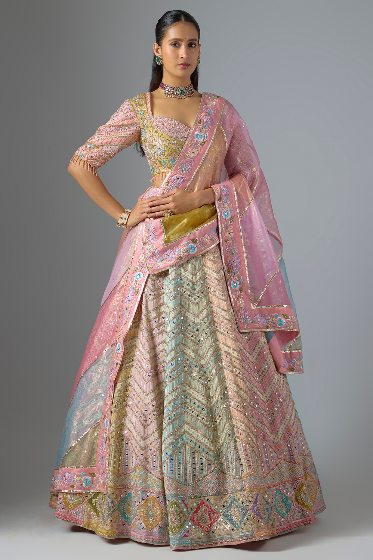 Jayesh & Kaajal Shah Multi-Colored Raw Silk & Shimmer Organza Lehenga Set