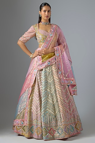 Multi-Colored Raw Silk & Shimmer Organza Lehenga Set by Jayesh & Kaajal Shah