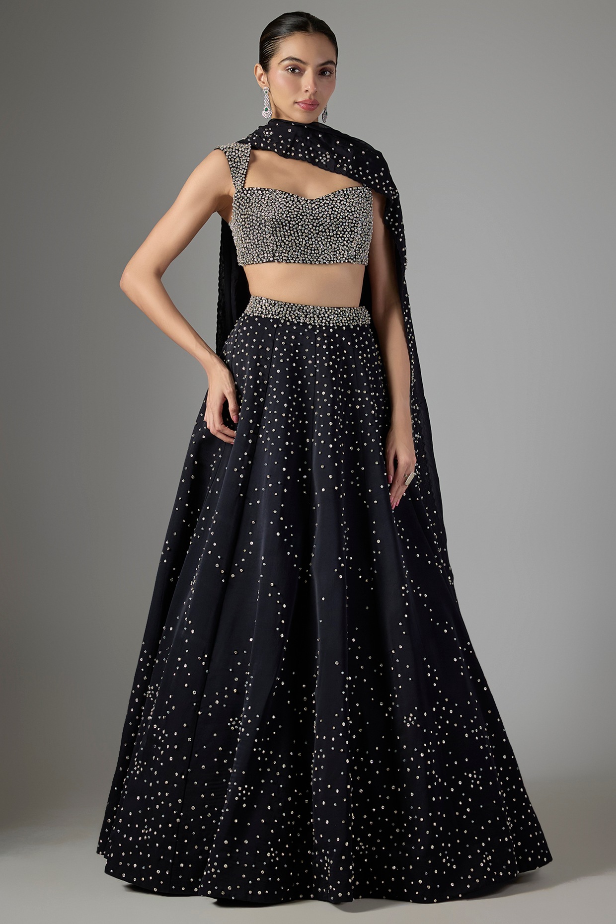 Jayesh & Kaajal Shah Navy Blue Satin Organza Lehenga Set