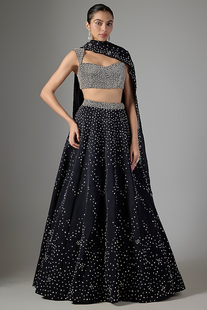 Navy Blue Satin Organza Bridal Lehenga Set by Jayesh & Kajal Shah at Pernia's Pop Up Shop