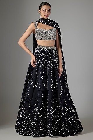 Navy Blue Satin Organza Lehenga Set by Jayesh & Kaajal Shah