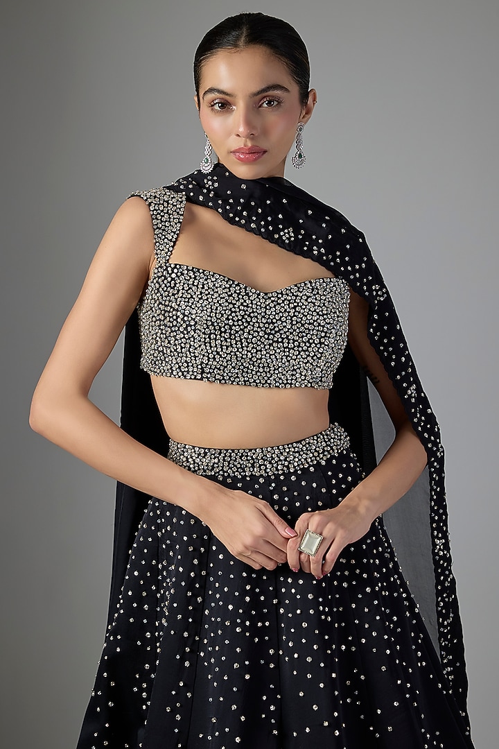 Navy Blue Satin Organza Bridal Lehenga Set by Jayesh & Kaajal Shah at Pernia's Pop Up Shop