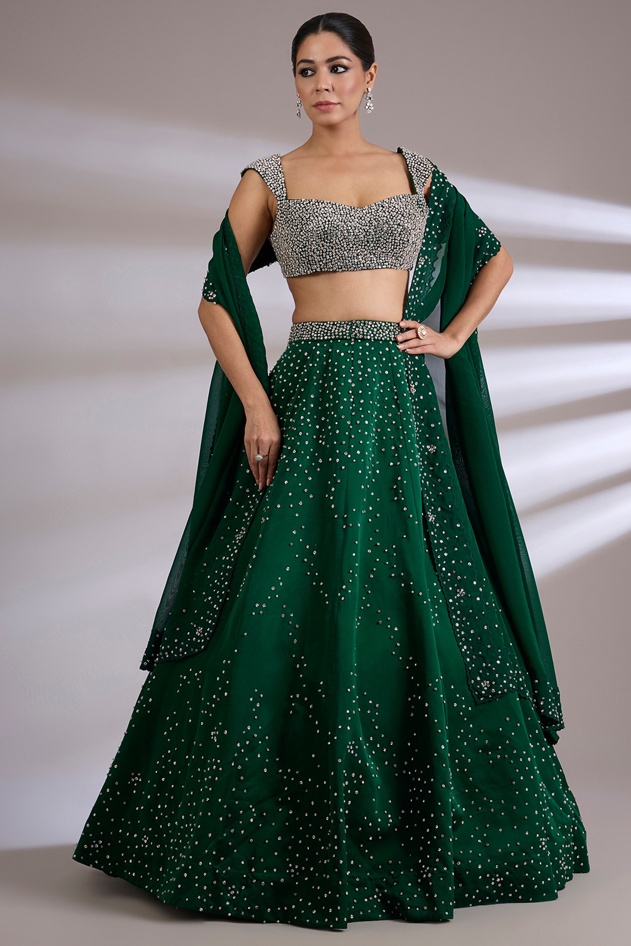 Jayesh & Kaajal Shah Emerald Green Satin Organza Embroidered Lehenga Set