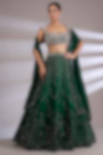 Emerald Green Satin Organza Embroidered Bridal Lehenga Set by Jayesh & Kajal Shah at Pernia's Pop Up Shop