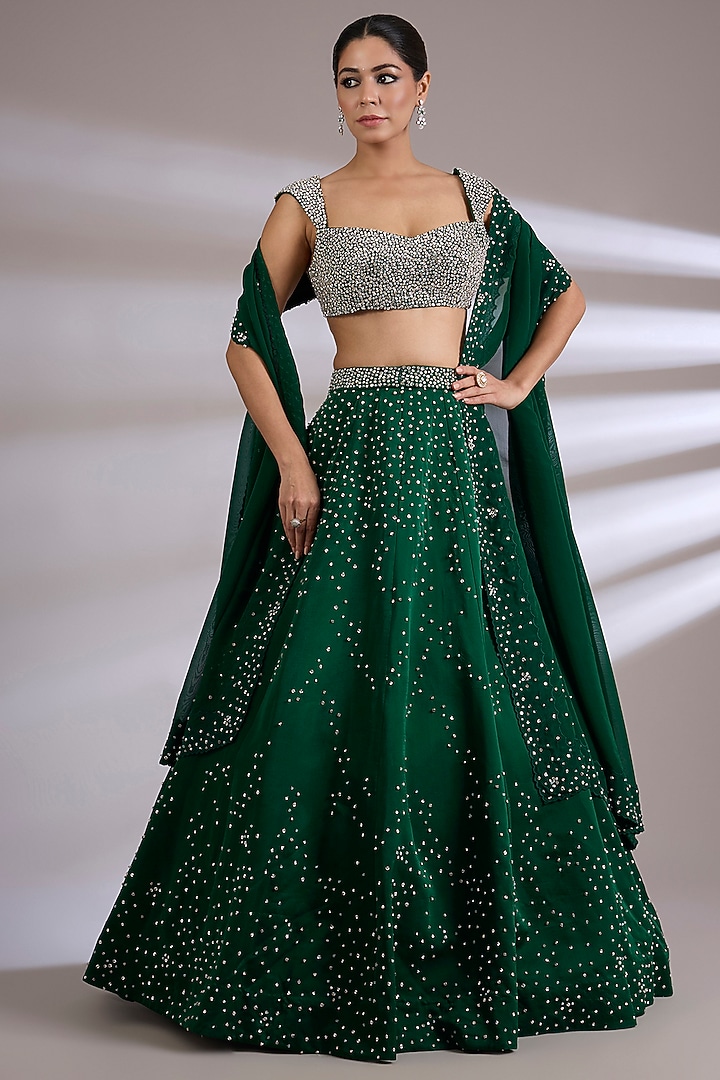 Emerald Green Satin Organza Embroidered Bridal Lehenga Set by Jayesh & Kajal Shah at Pernia's Pop Up Shop