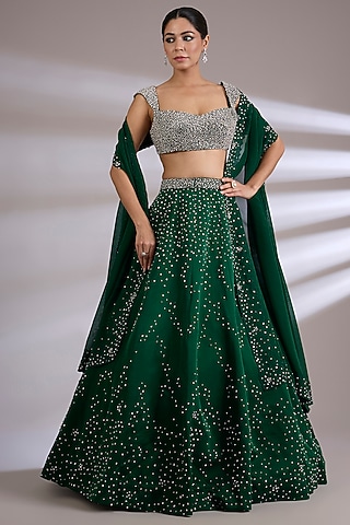 Emerald Green Satin Organza Embroidered Lehenga Set by Jayesh & Kaajal Shah