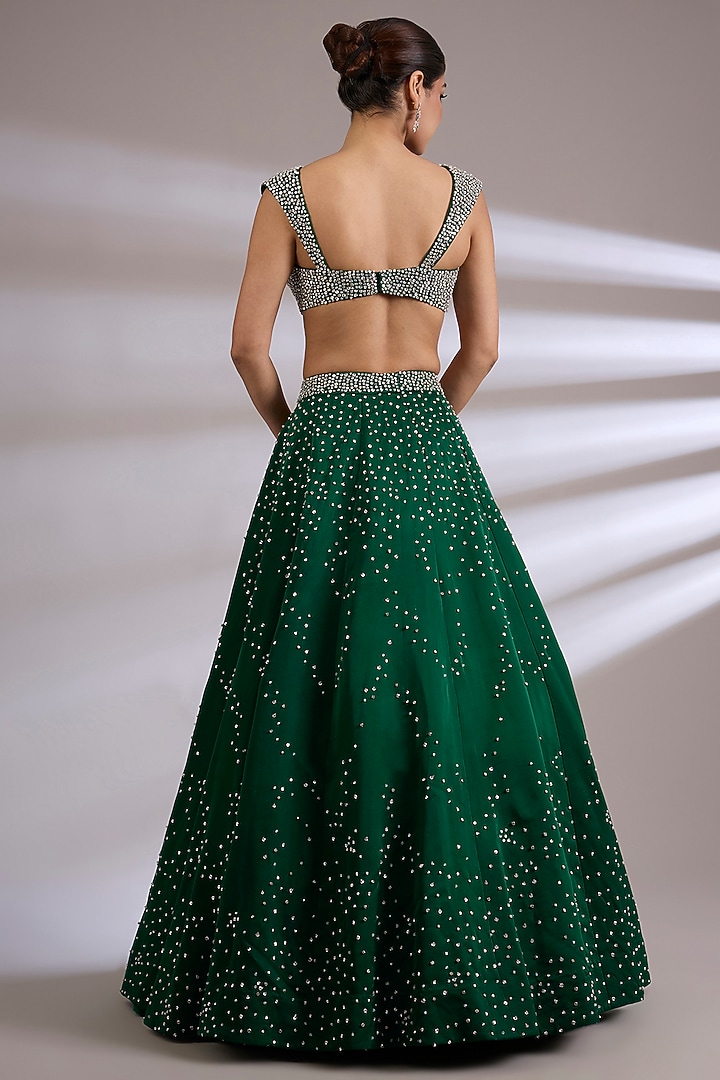 Emerald Green Satin Organza Embroidered Bridal Lehenga Set by Jayesh & Kaajal Shah at Pernia's Pop Up Shop