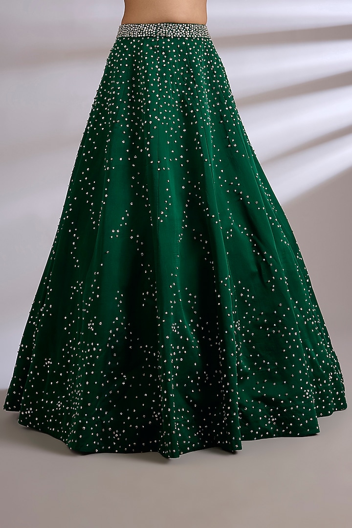 Emerald Green Satin Organza Embroidered Bridal Lehenga Set by Jayesh & Kaajal Shah at Pernia's Pop Up Shop