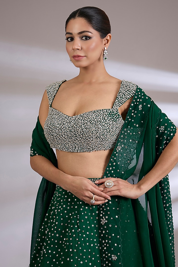 Emerald Green Satin Organza Embroidered Bridal Lehenga Set by Jayesh & Kaajal Shah at Pernia's Pop Up Shop