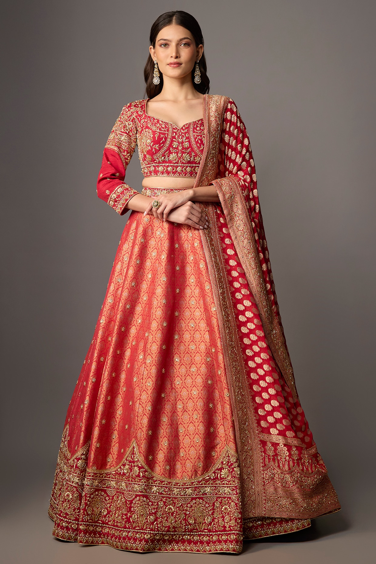 Jayesh & Kaajal Shah Red Silk Brocade Embroidered Lehenga Set