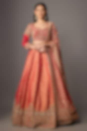 Red Silk Brocade Embroidered Bridal Lehenga Set by Jayesh & Kajal Shah at Pernia's Pop Up Shop