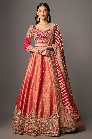 Red Silk Brocade Embroidered Lehenga Set by Jayesh & Kaajal Shah