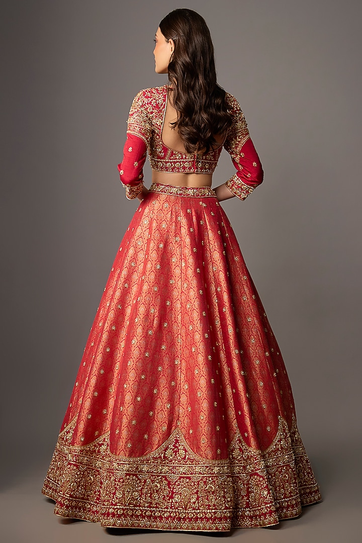 Red Silk Brocade Embroidered Bridal Lehenga Set by Jayesh & Kaajal Shah at Pernia's Pop Up Shop