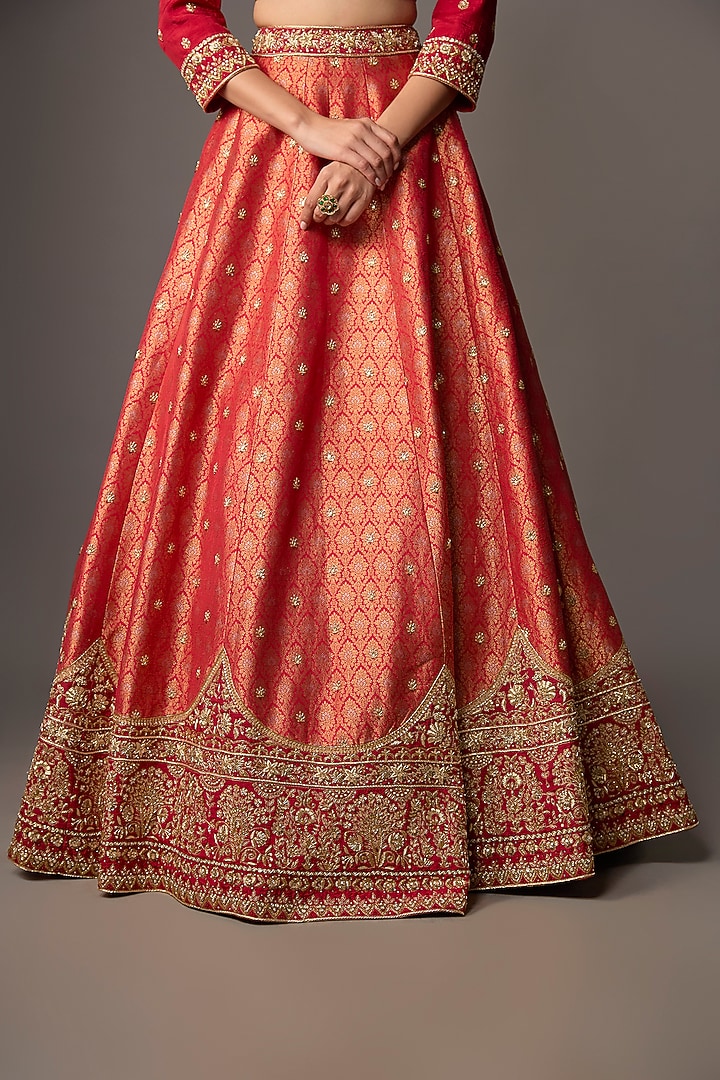 Red Silk Brocade Embroidered Bridal Lehenga Set by Jayesh & Kaajal Shah at Pernia's Pop Up Shop