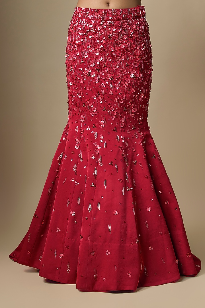 Red Satin Georgette Crystal Embroidered Mermaid Skirt Set by Jayesh & Kaajal Shah at Pernia's Pop Up Shop