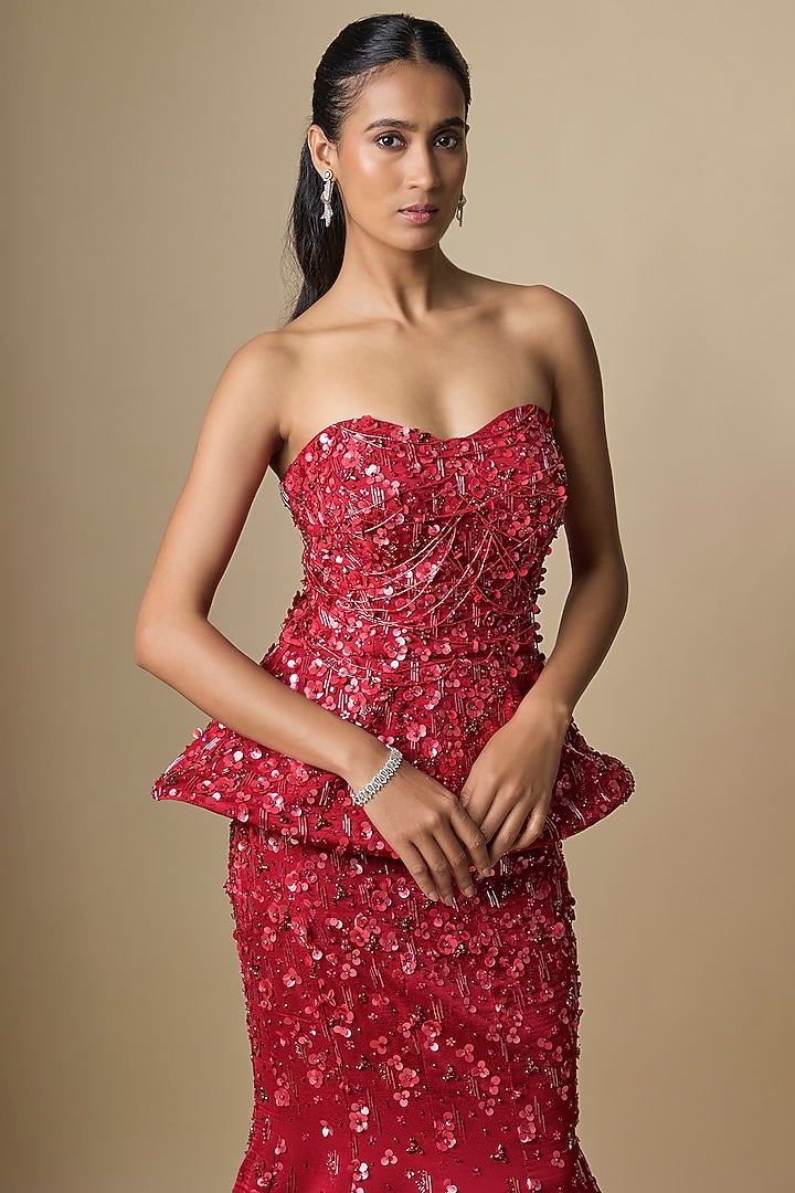 Red Satin Georgette Crystal Embroidered Mermaid Skirt Set by Jayesh & Kaajal Shah at Pernia's Pop Up Shop