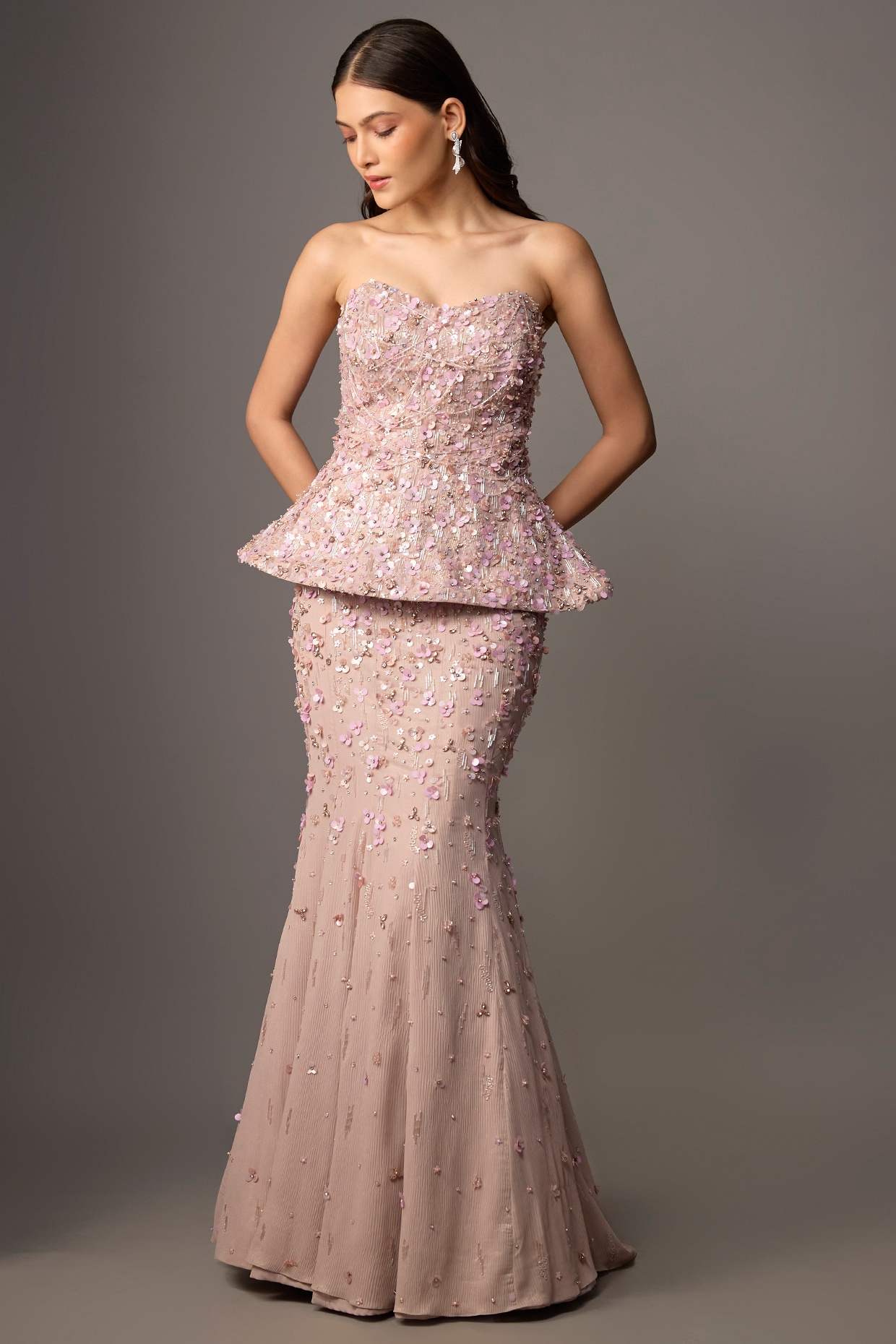 Jayesh & Kaajal Shah Baby Pink Net Crystal Embellished Mermaid Lehenga Set