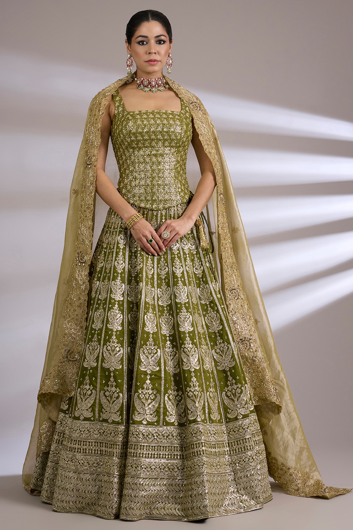 Jayesh & Kaajal Shah Olive Green Tissue Paisley Embroidered Lehenga Set