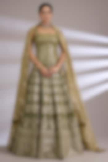 Olive Green Tissue Paisley Embroidered Bridal Lehenga Set by Jayesh & Kajal Shah at Pernia's Pop Up Shop